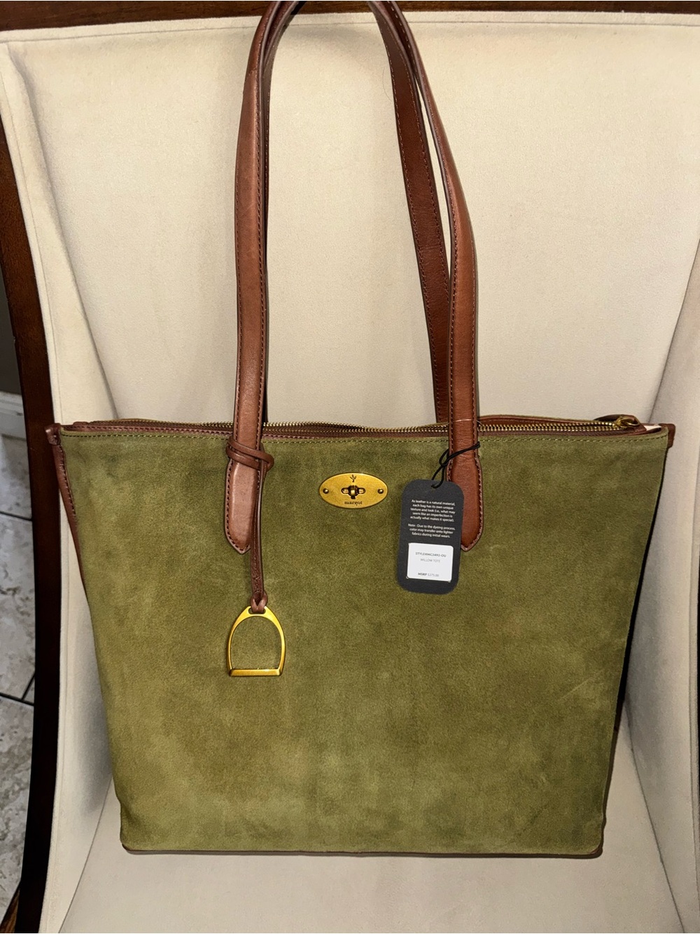 margot Olive Green Suede Tote with Brown Leather Handles
